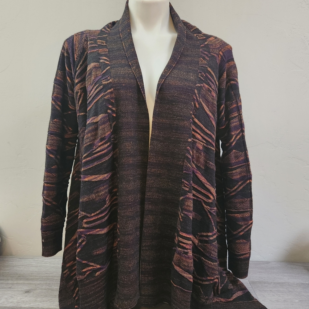 Soft Surroundings Brown Cardigan Size M Wool Open Front Aztec Print Thick Smooth
